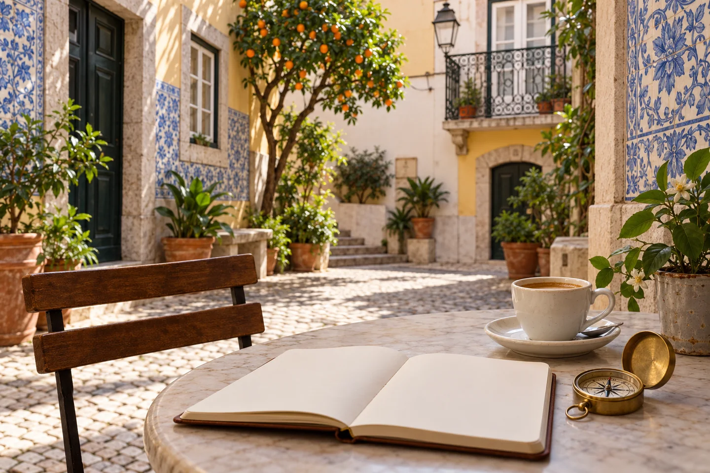 Caderno e bússola num pátio de Lisboa Caderno e bússola num pátio de Lisboa