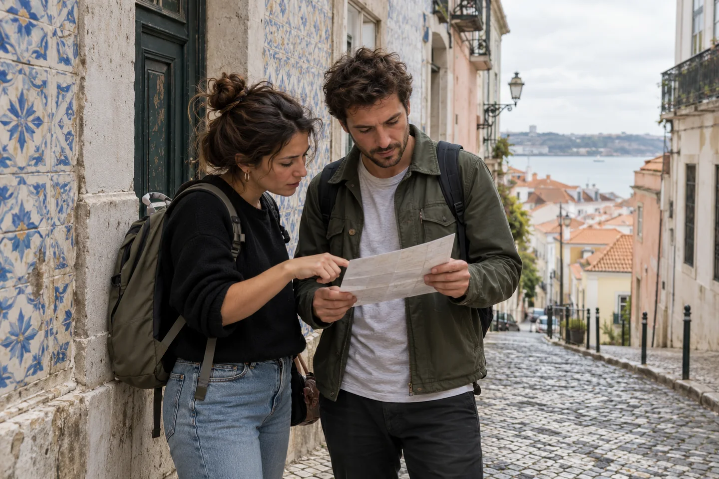 Duas pessoas com mapa numa rua de Lisboa Duas pessoas com mapa numa rua de Lisboa