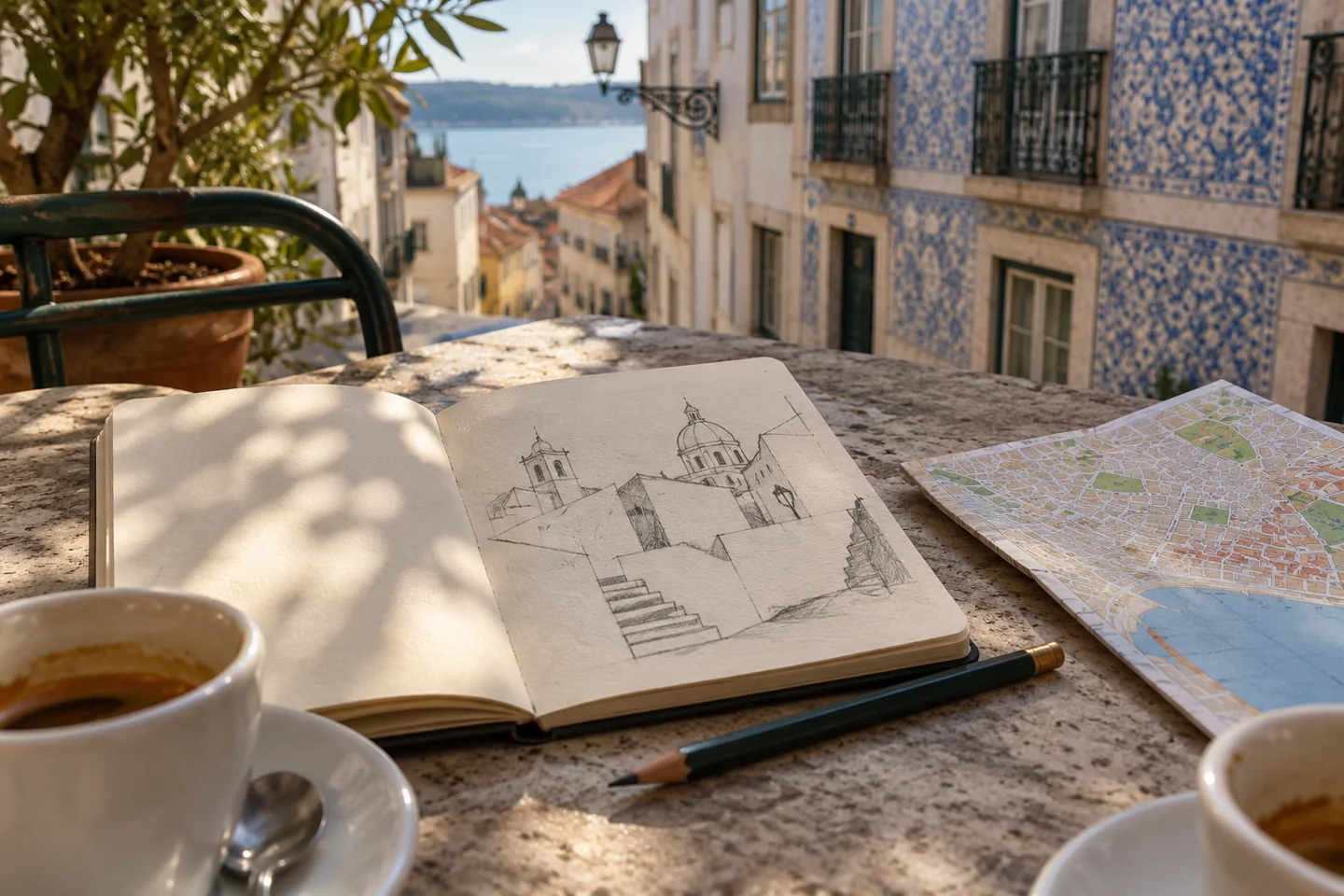 Caderno com um esboço, mapa e café numa mesa de pedra em Lisboa.