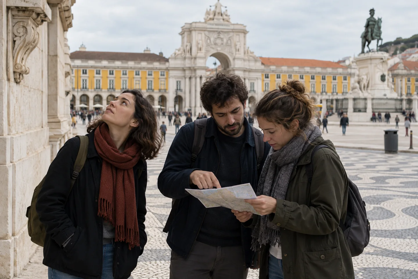 Grupo a observar uma praça de Lisboa Grupo a observar uma praça de Lisboa