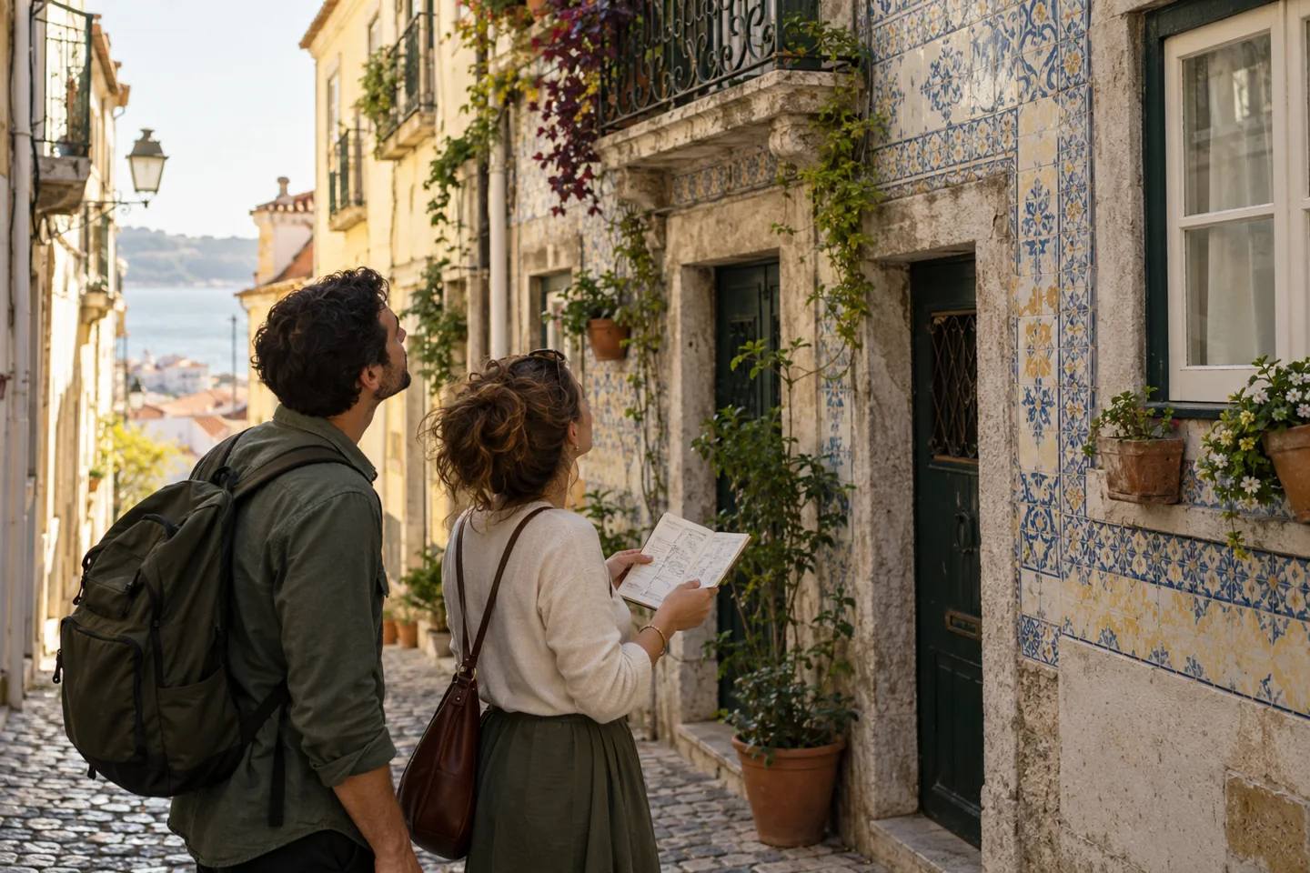 Dois amigos observam uma fachada de azulejos durante uma caminhada em Lisboa. Dois amigos observam uma fachada de azulejos durante uma caminhada em Lisboa.