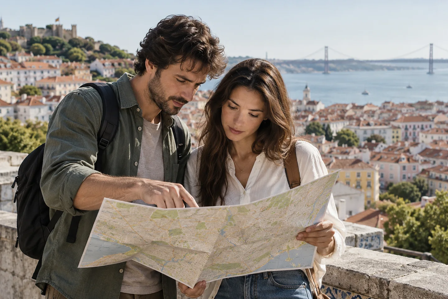 Duas pessoas a orientar-se por um mapa Duas pessoas a orientar-se por um mapa