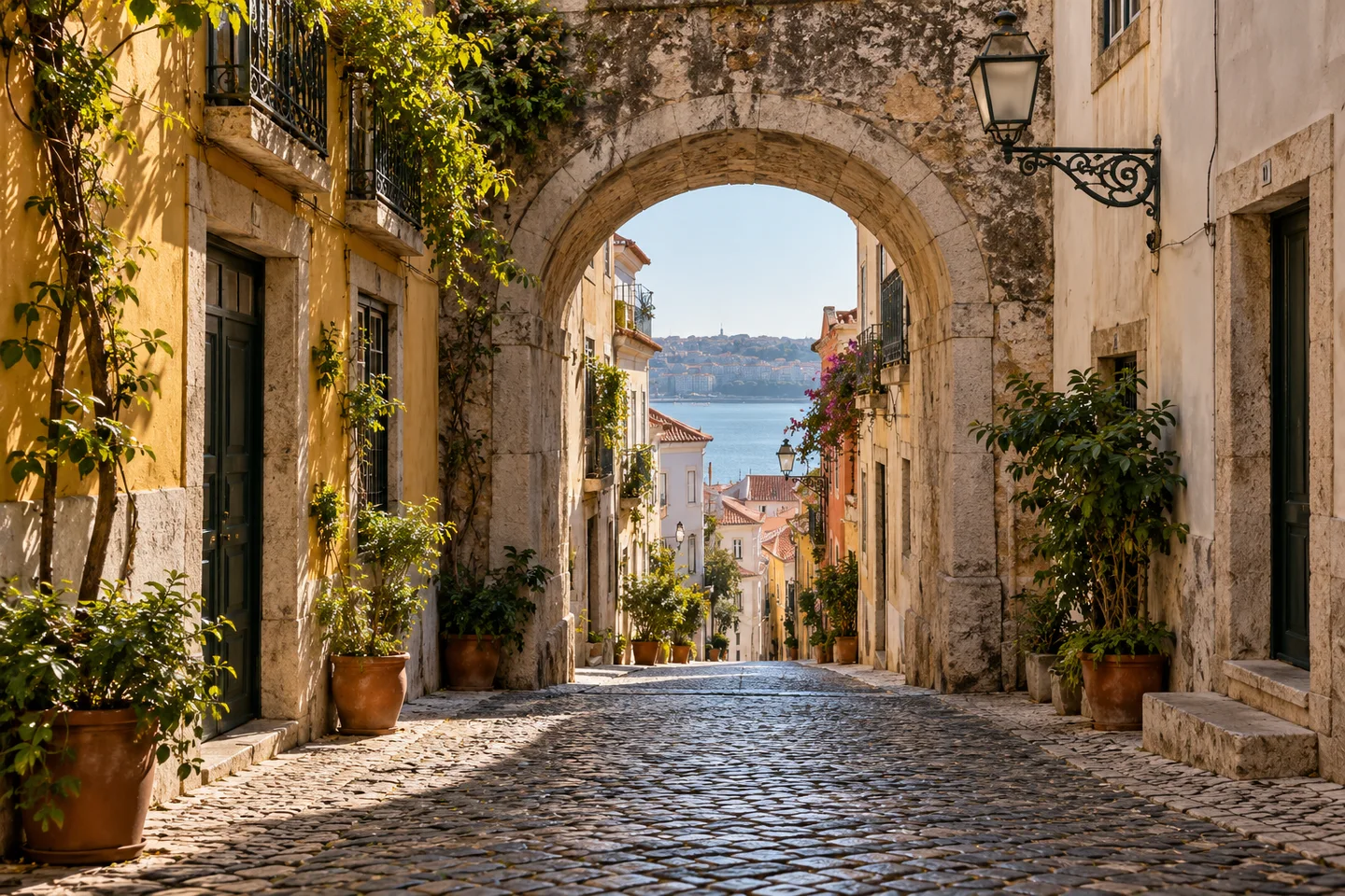 Arco de pedra numa rua histórica